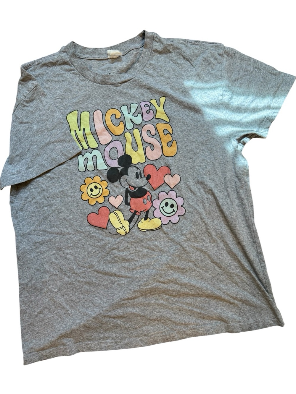 🌸Disney Women’s Gray Mickey Mouse Flower Graphic Oversized Short Sleeve Tee | M